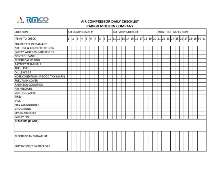 Air Compressor Checklist PDF