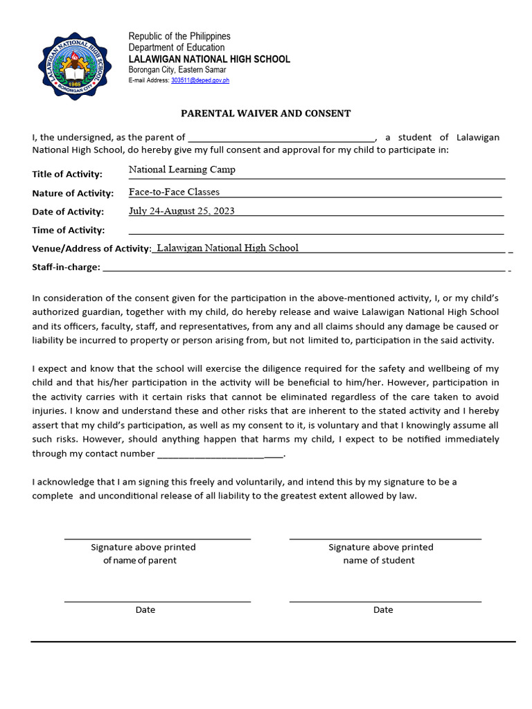 Parental Consent and Waiver Form | PDF | Consent | Ethical Principles