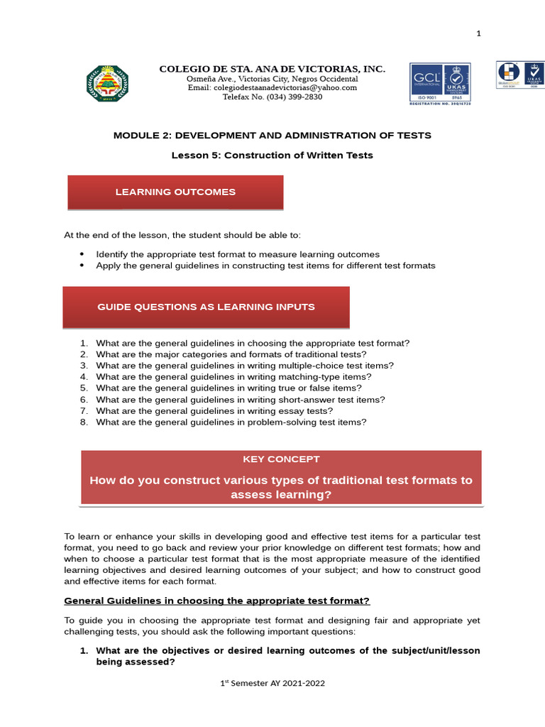 Guidelines for Written Test Construction | PDF | Multiple Choice | Learning