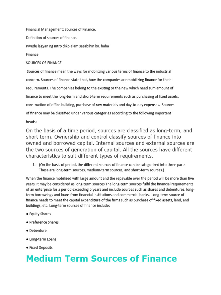 Financial Management Sources Of Finance Pdf Financial Capital Banks