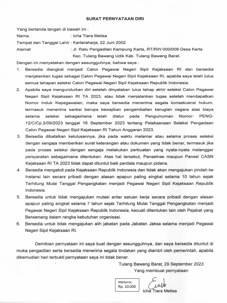Surat Pernyataan Diri | PDF