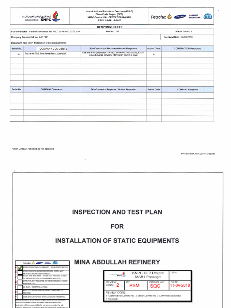 ITP for Static Equipment Installation | PDF | Specification (Technical ...