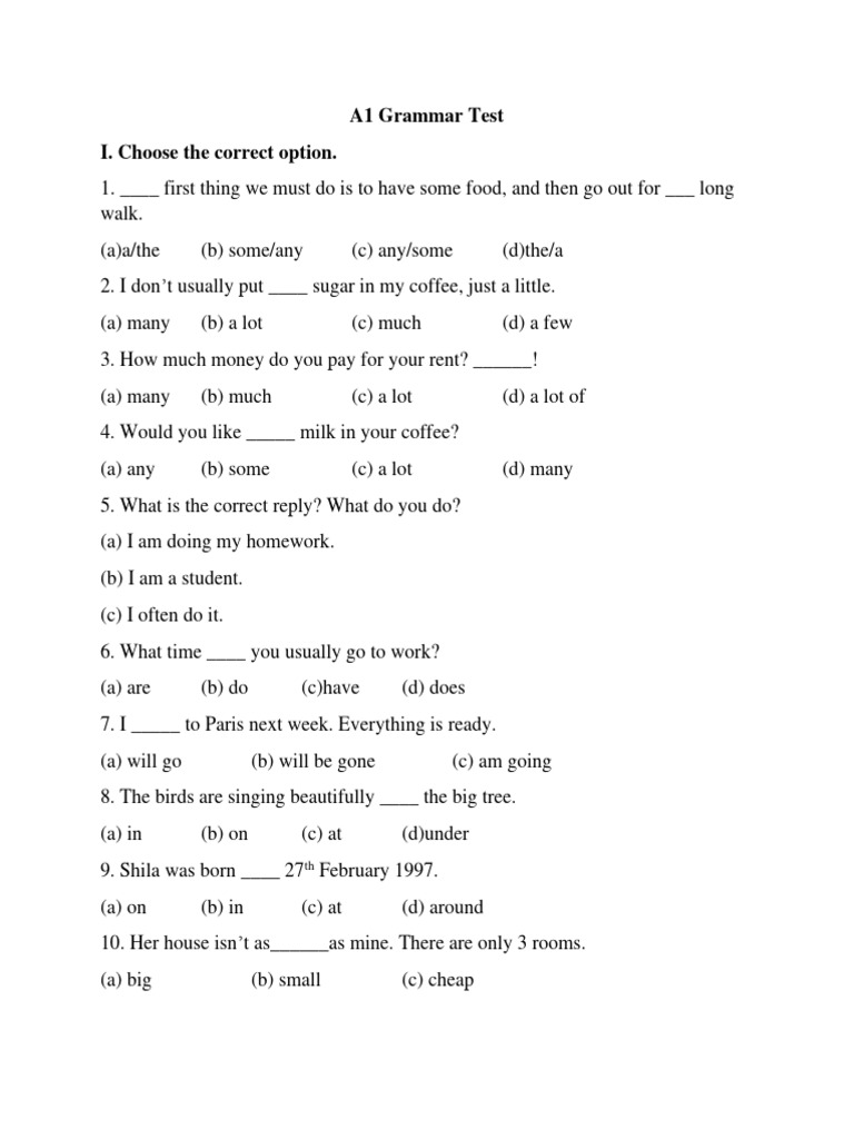 A1 Grammar Test Pdf