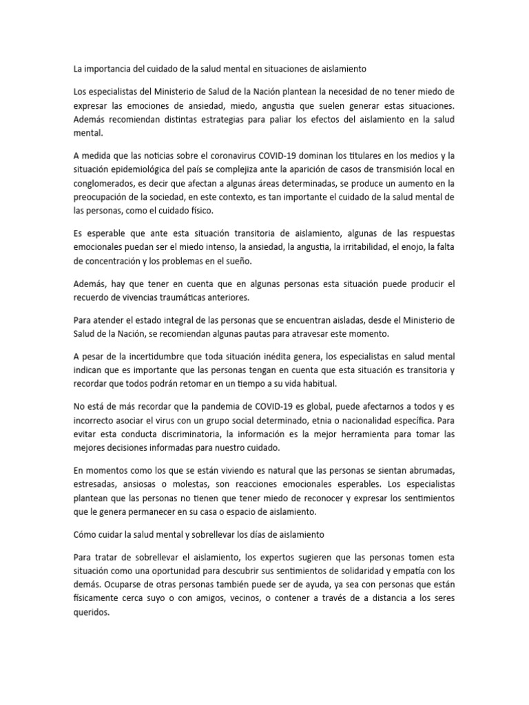 La Importancia Del Cuidado de La Salud Mental en Situaciones de ...