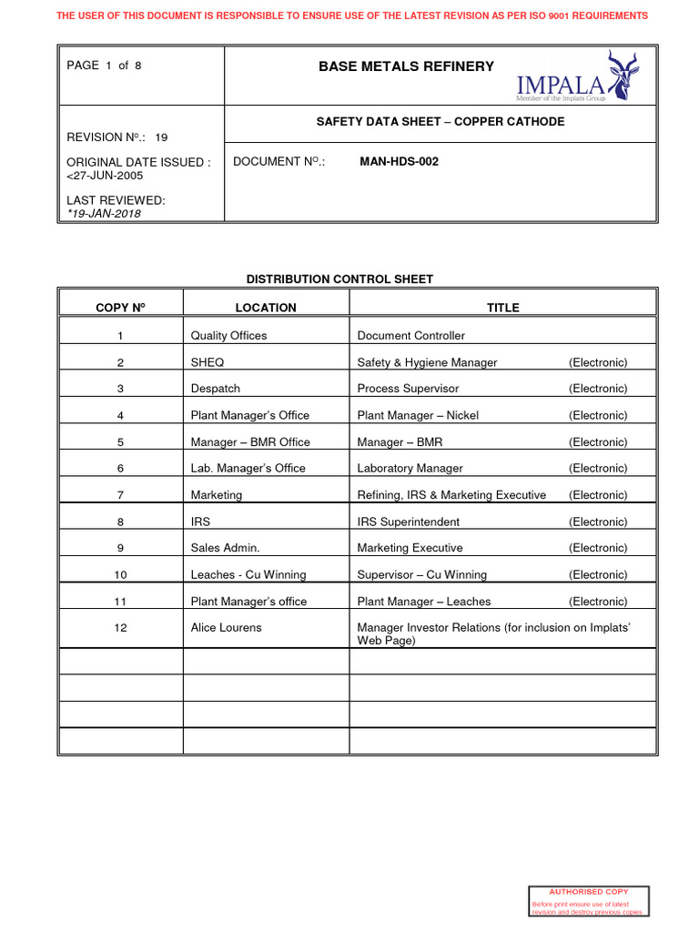 MSDS Copper Cathode PDF Copper Chlorine