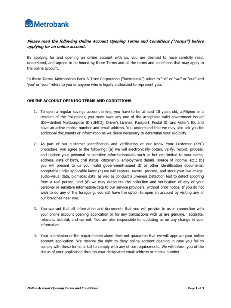Online Account Opening Terms and Conditions PDF Identity Document