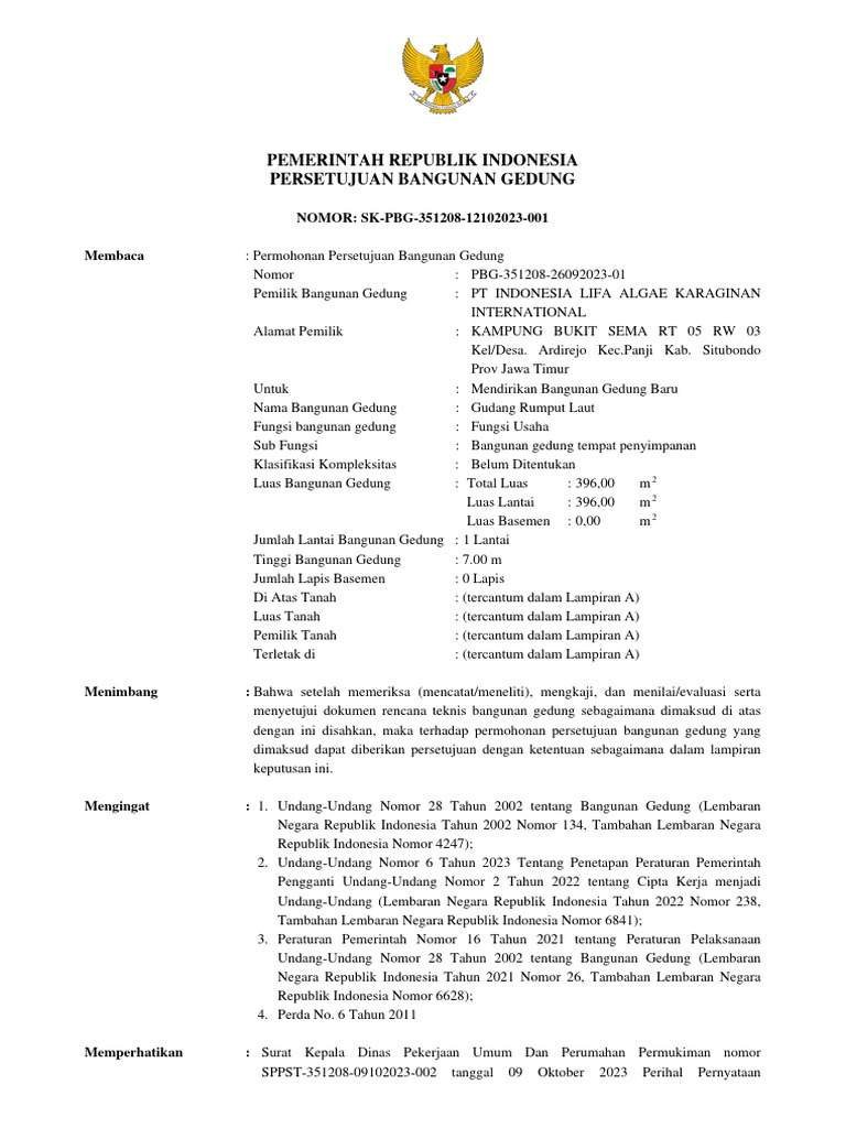 Persetujuan PBG PT Lifa Algae 2023 | PDF