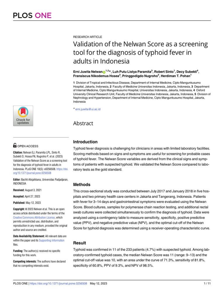 Validation of The Nelwan Score As A Screening Tool For The Diagnosis of ...