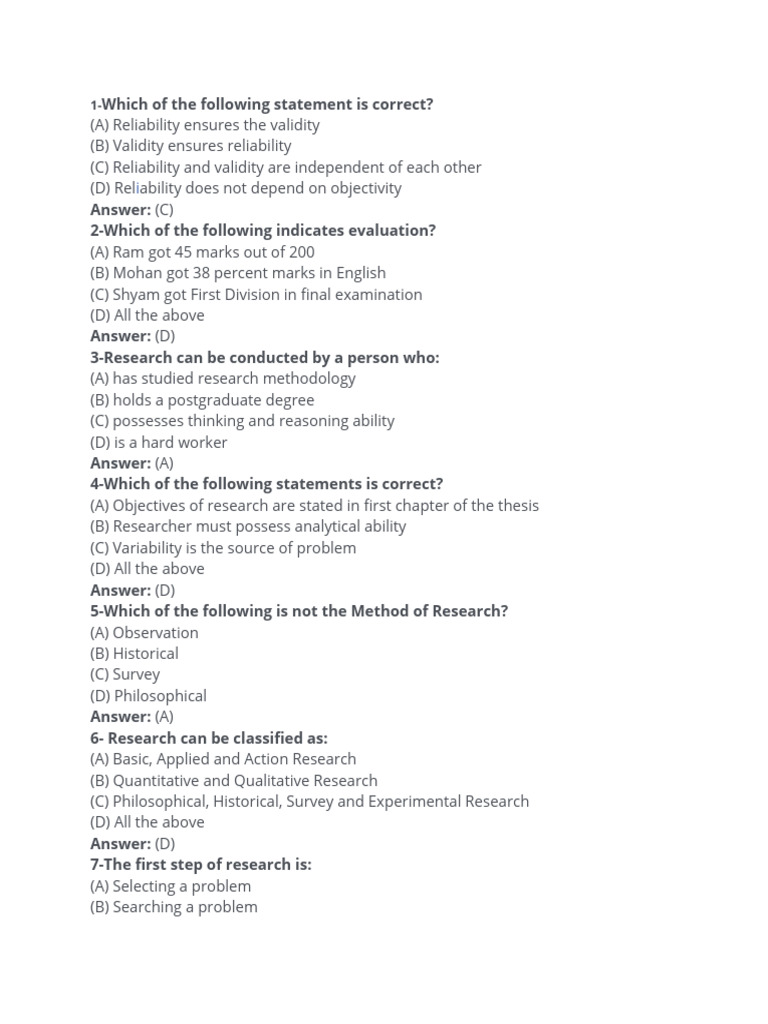Research Methodology MCQs with Answers | PDF | Statistics | Methodology