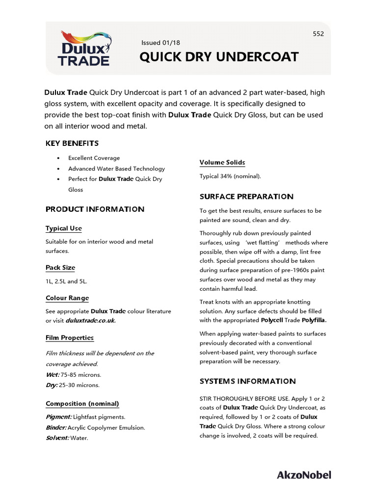 DT 552 Quick Dry Undercoat PDF Paint Materials