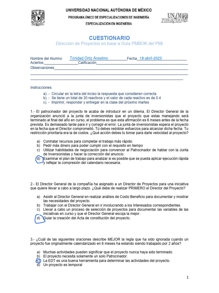 Cuestionario sobre Dirección de Proyectos PMBOK | PDF