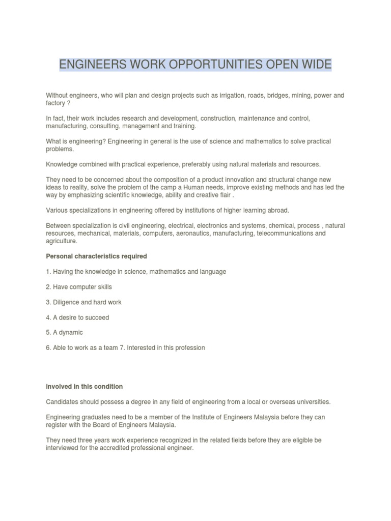 Engineers Work Opportunities Open Wide | PDF | Engineer | Engineering