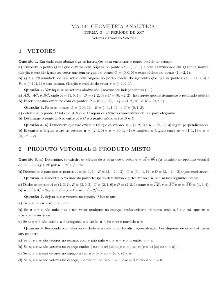 Lista de Exercícios 2 - Vetores e Produto Vetorial-V2 | PDF | Espaço ...