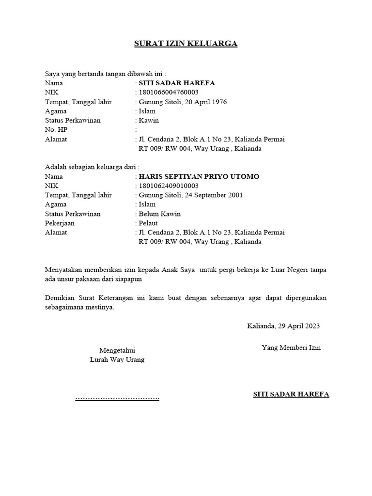 Surat Izin Keluarga | PDF