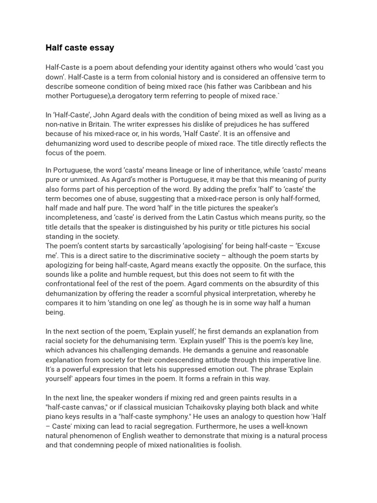 Half Caste Essay | PDF