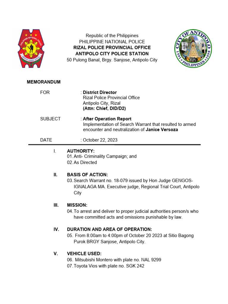Antipolo City Police After Operation Report | PDF