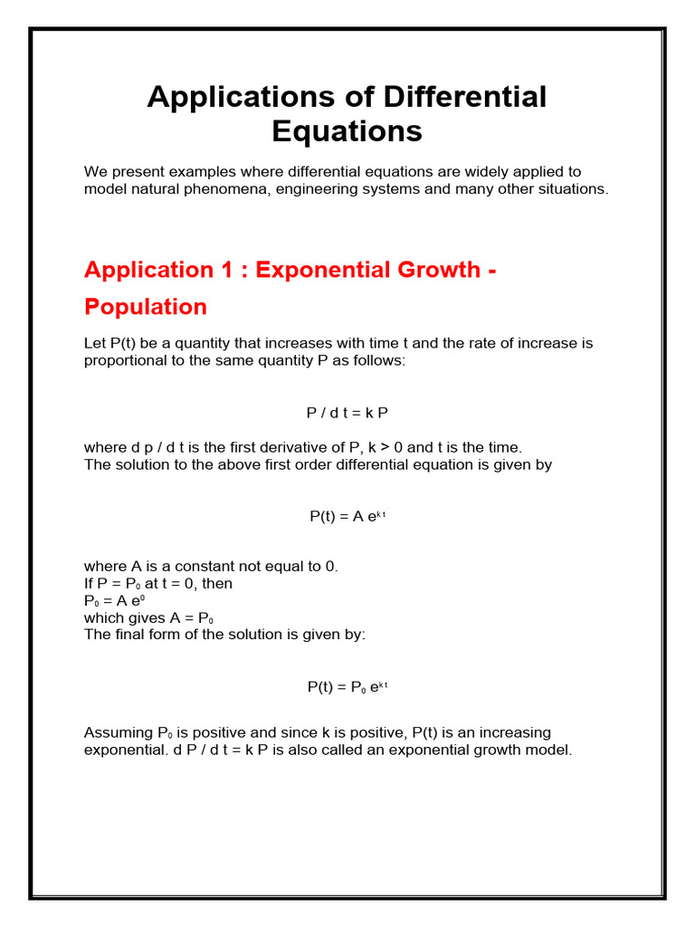 Applications of Differential Equations PDF Equations Applied Mathematics