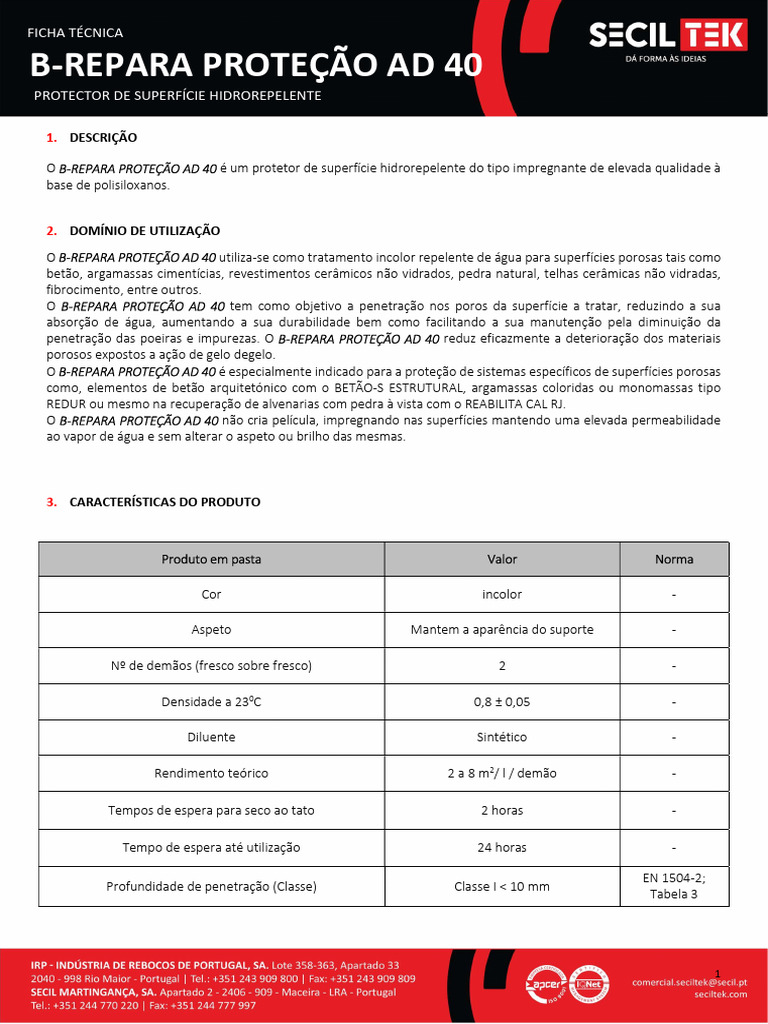 Ficha Técnica B-Repara Proteção AD 40 | PDF | Argamassa (alvenaria ...