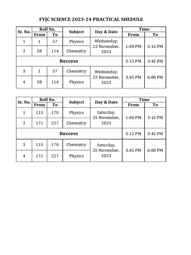 FYJC SCIENCE PRACTICAL SHEDULE 22 & 25.11.2023 Aakash | PDF
