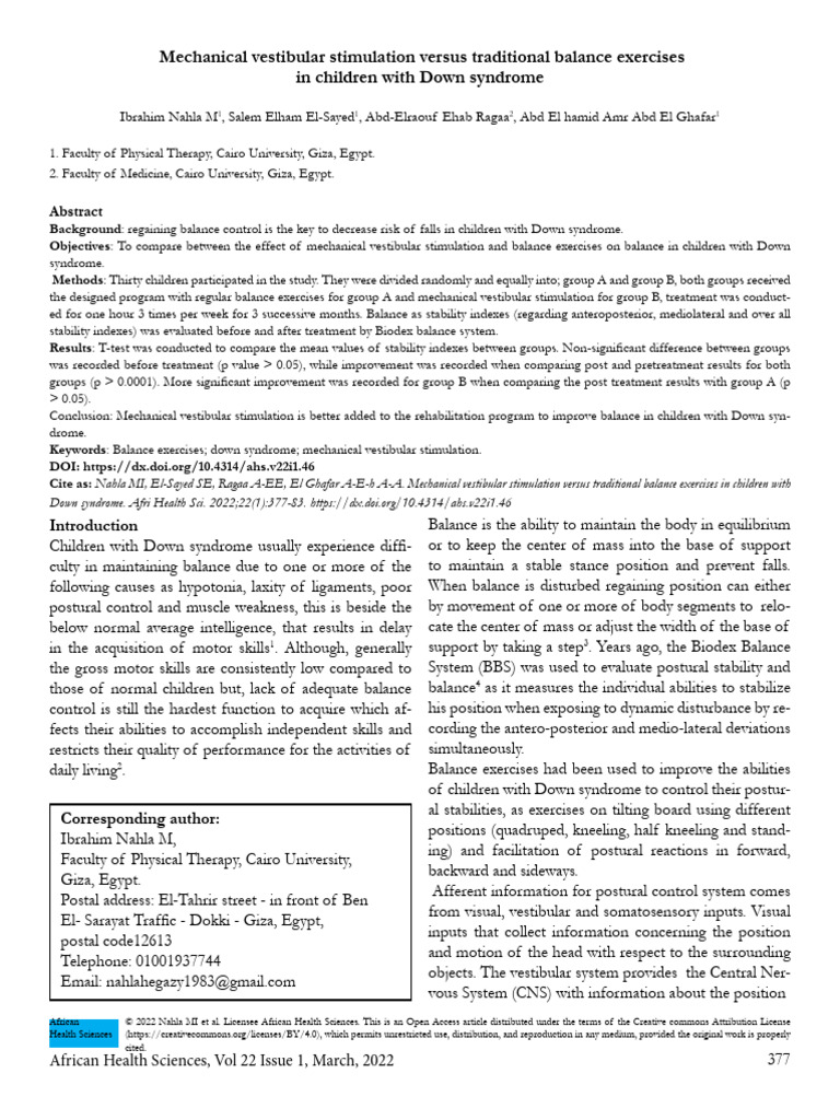 Vestibular Stimulation vs. Balance Exercises in Down Syndrome | PDF ...