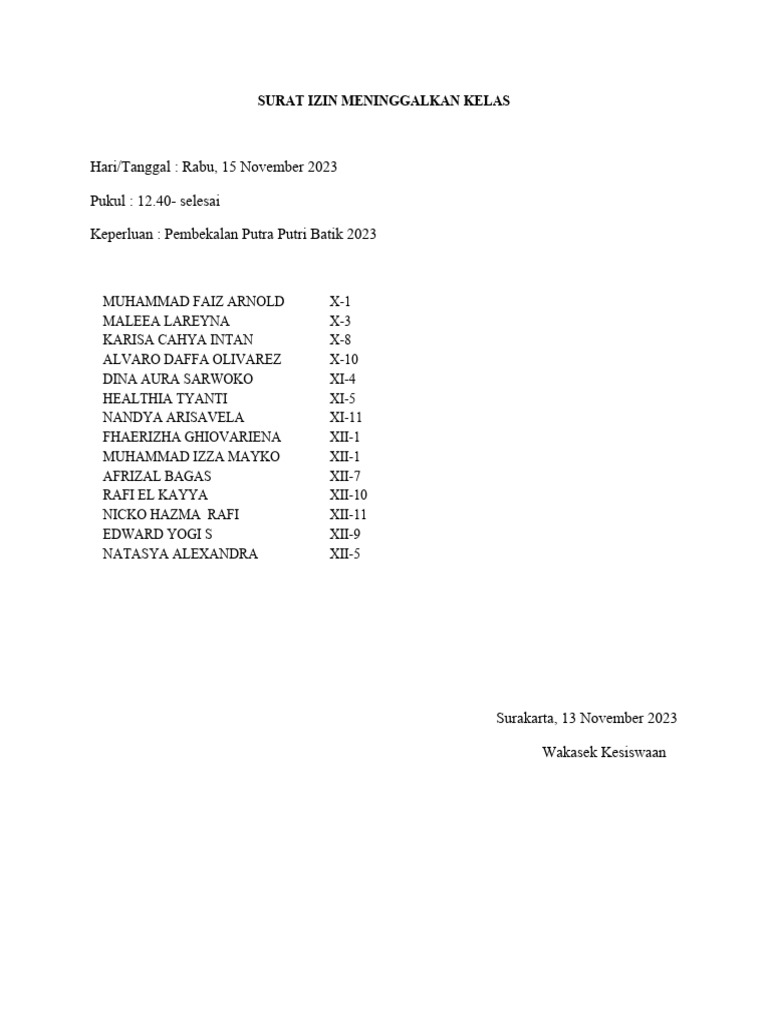 Surat Izin Meninggalkan Kelas (1) New | PDF