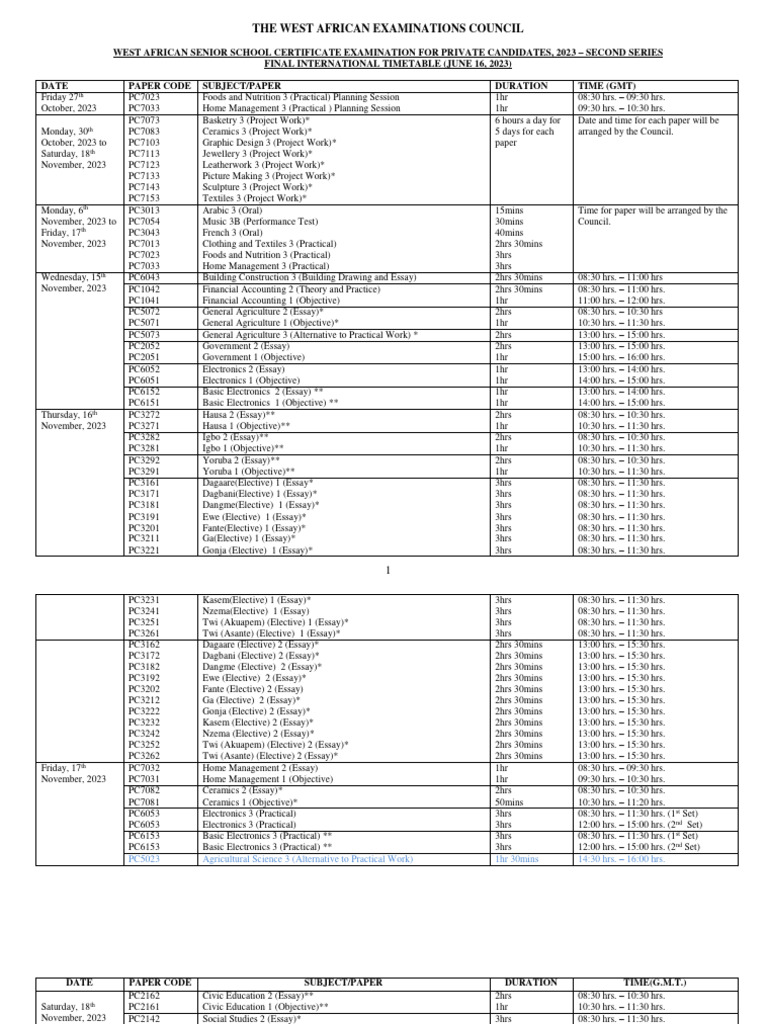 Final 2023 Novdec Timetable - Ghana | PDF | Technical Drawing