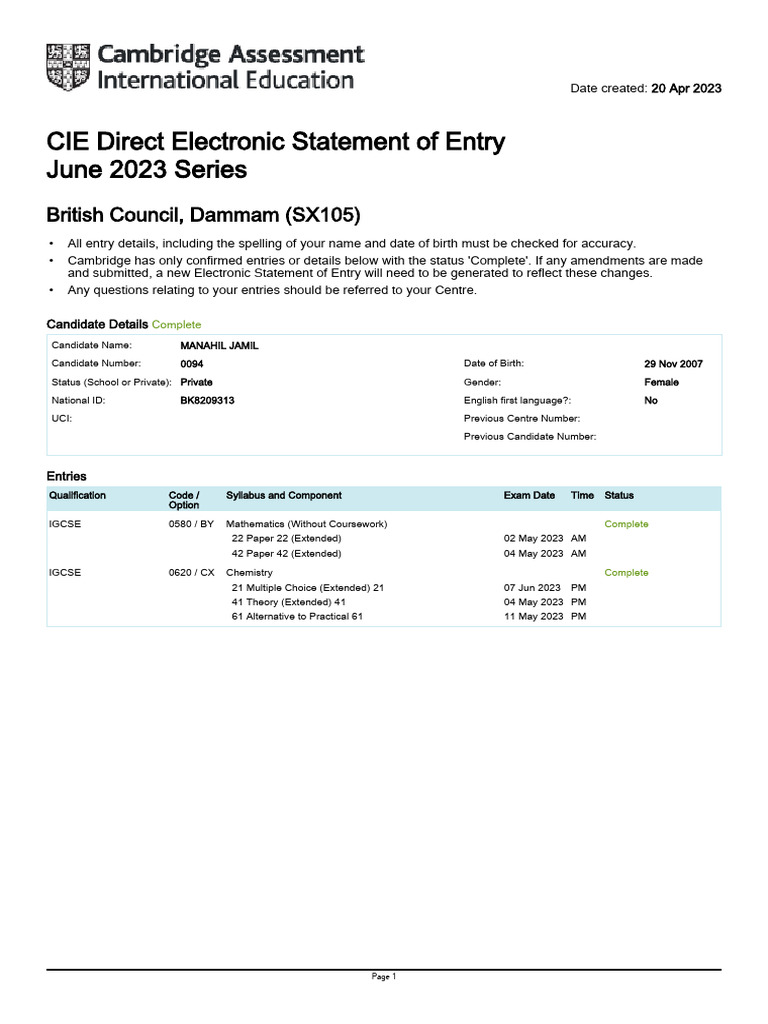 Cie direct electronic statement of entry june 2023 series british
