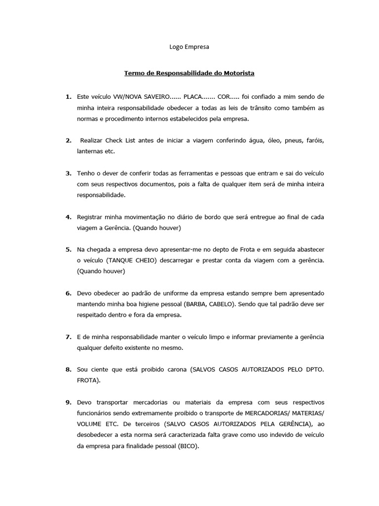 Termo de Responsabilidade do Motorista | PDF | Negócios | Finanças e  Administração de Capital, image size:768x1024