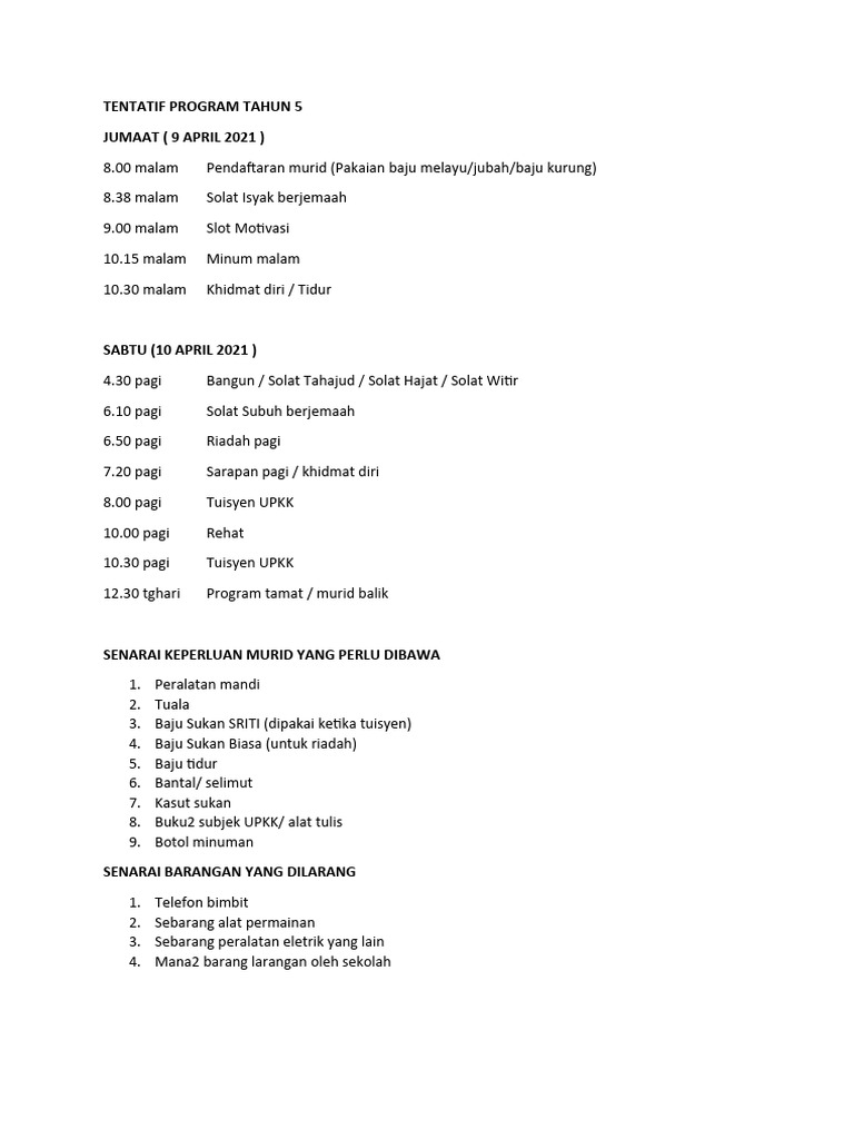 Tentatif Program Tahun 5 | PDF