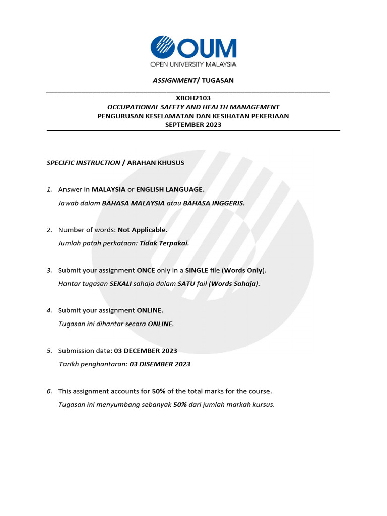 Assignment/ Tugasan - Occupational Safety and Health Management | PDF ...