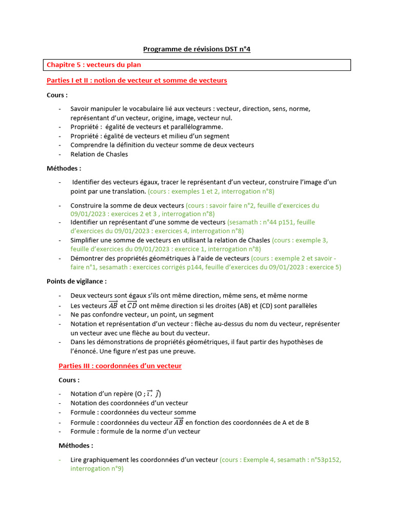 Révisions DST n°4 : Vecteurs et Propriétés | PDF | Coordonnées ...
