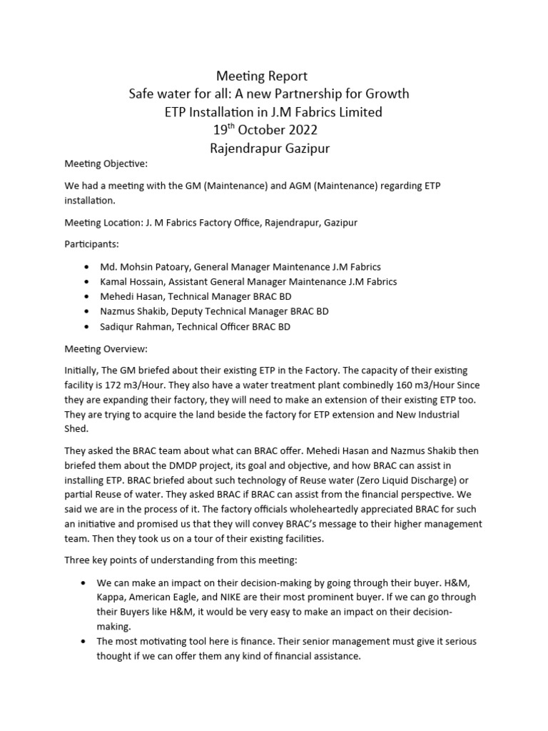 Field Visit Report ETP InstallationJM Fabrics LtdNew Asia Group Download Free PDF Economies