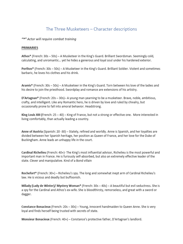 Three Musketeers Character Breakdown NEW PDF The Three Musketeers Alexandre Dumas