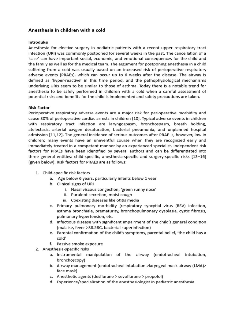 Anesthesia in Children With A Cold PDF Anesthesia Respiratory Tract