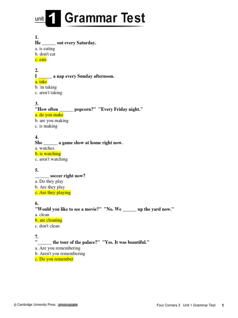 Four Corners 3 Unit 1 Grammar Test | PDF