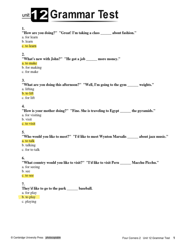 Unit 12 Grammar Test Overview | PDF