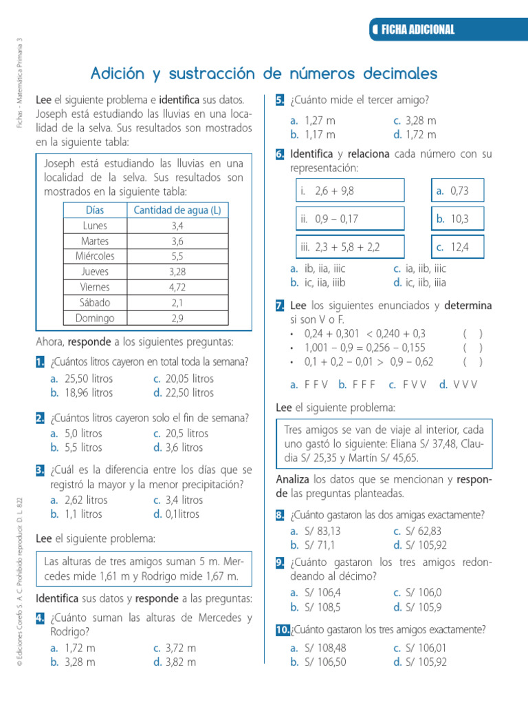 FA_ Adición y sustracción de números decimales | PDF