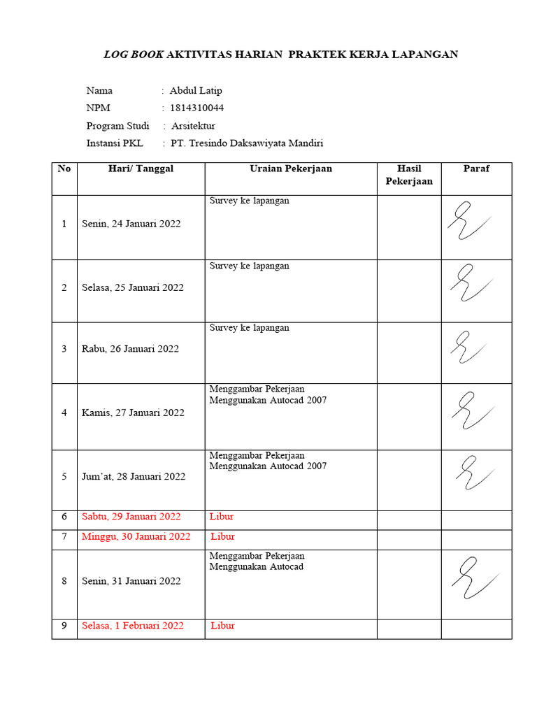 Log Book Aktivitas Harian PKL Selesai | PDF