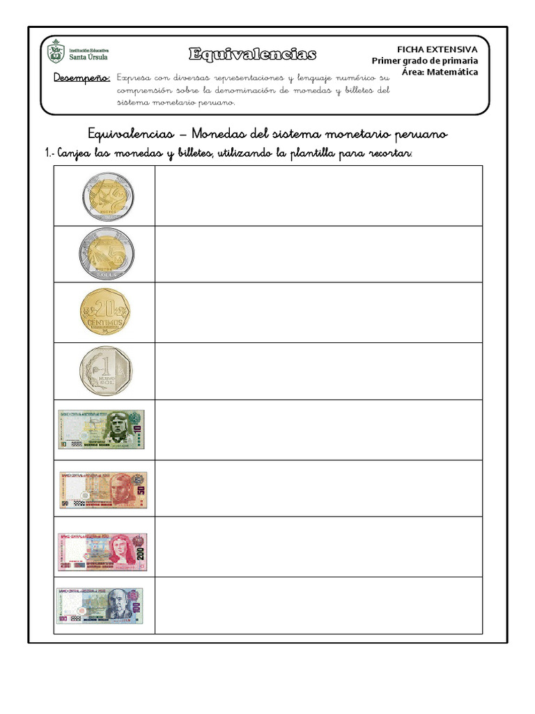 Ficha Extensiva Canje de Monedas y Billetes Con Recortable | PDF