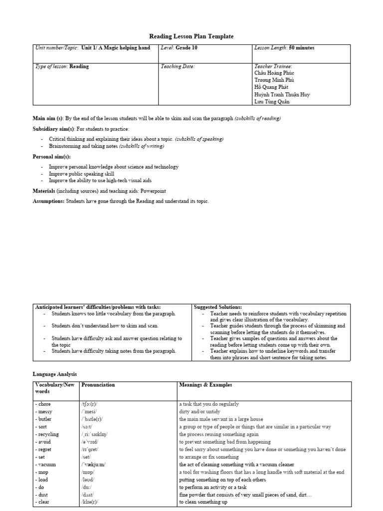 Reading Lesson Plan LTT Group PDF Vocabulary Lesson Plan
