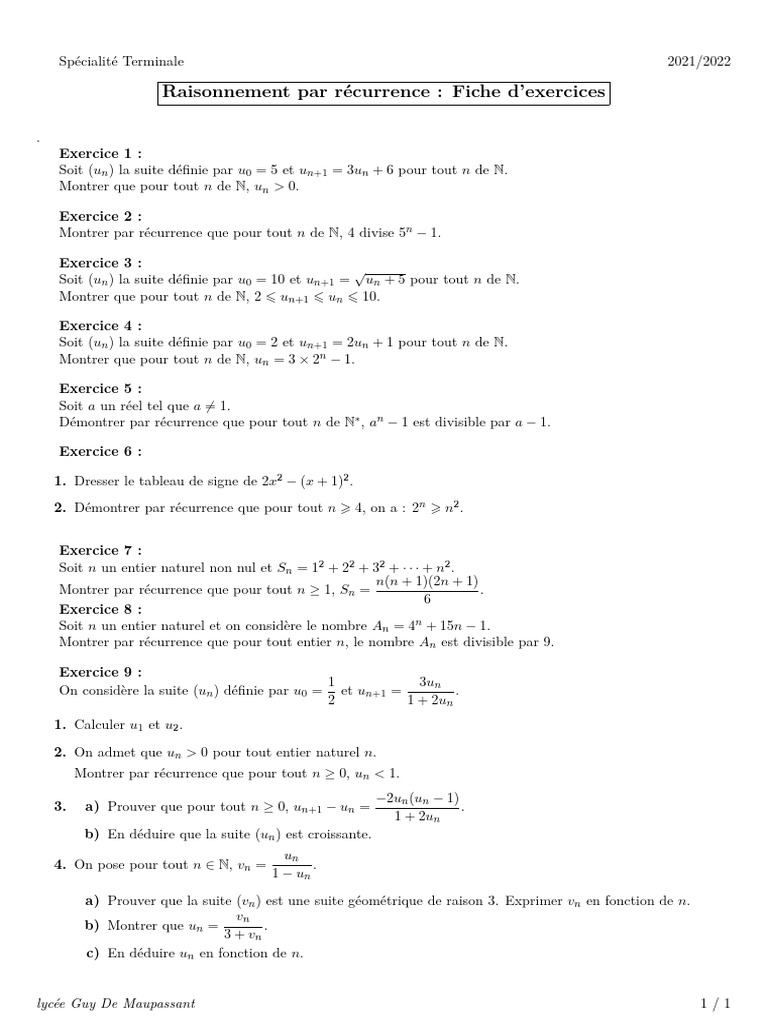Exercices de Récurrence en Terminale | PDF | Mathématiques | Logique ...
