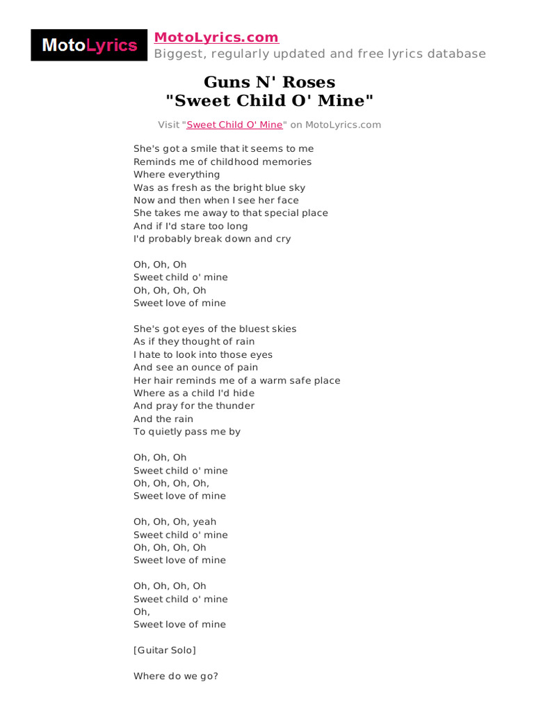 Sweet Child O' Mine Lyrics PDF | PDF | Poetry