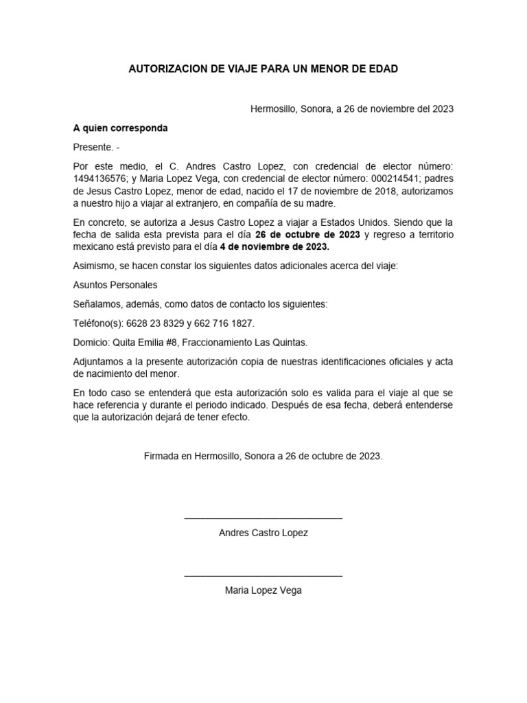 Autorizacion de Viaje para Un Menor de Edad - 1 | PDF