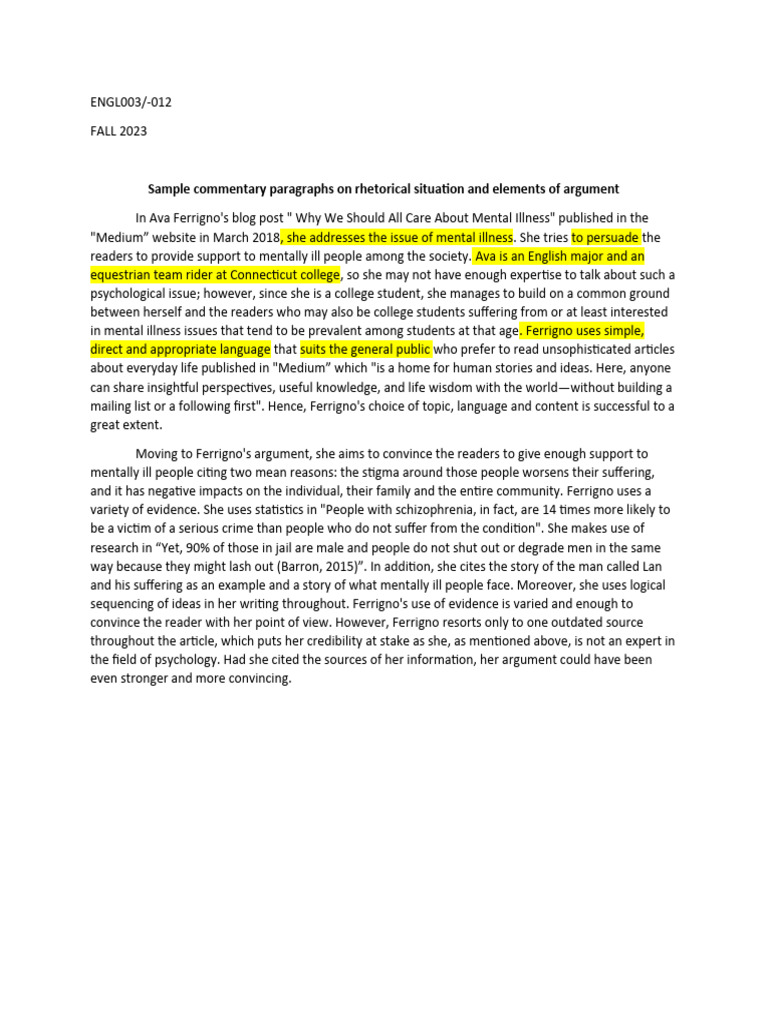 Sample commentary paragraphs on rehtorical situation and elements of
