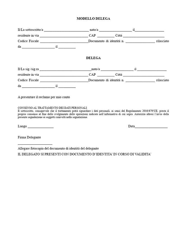 Modello-Di-Delega-Per Presentazione Reclamo | PDF