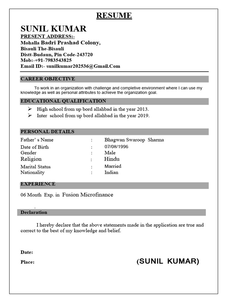 Sunil Kumar Resume Overview | PDF | Career & Growth | Self-Improvement