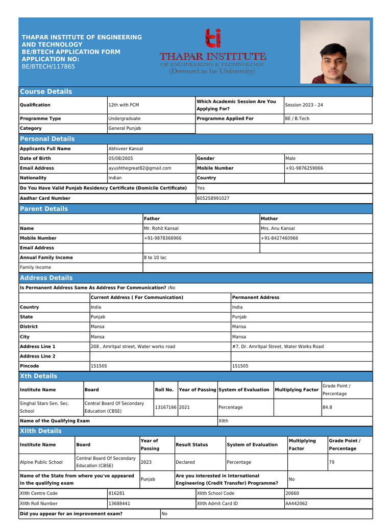 Thapar Institute BE/BTech Application Form | PDF | Engineering ...