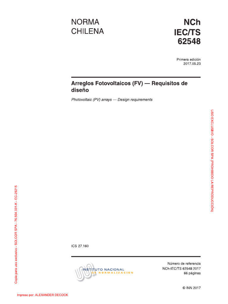 NCH IEC 62548 - Arreglos Fotovoltaicos, Requisitos de Diseño | PDF