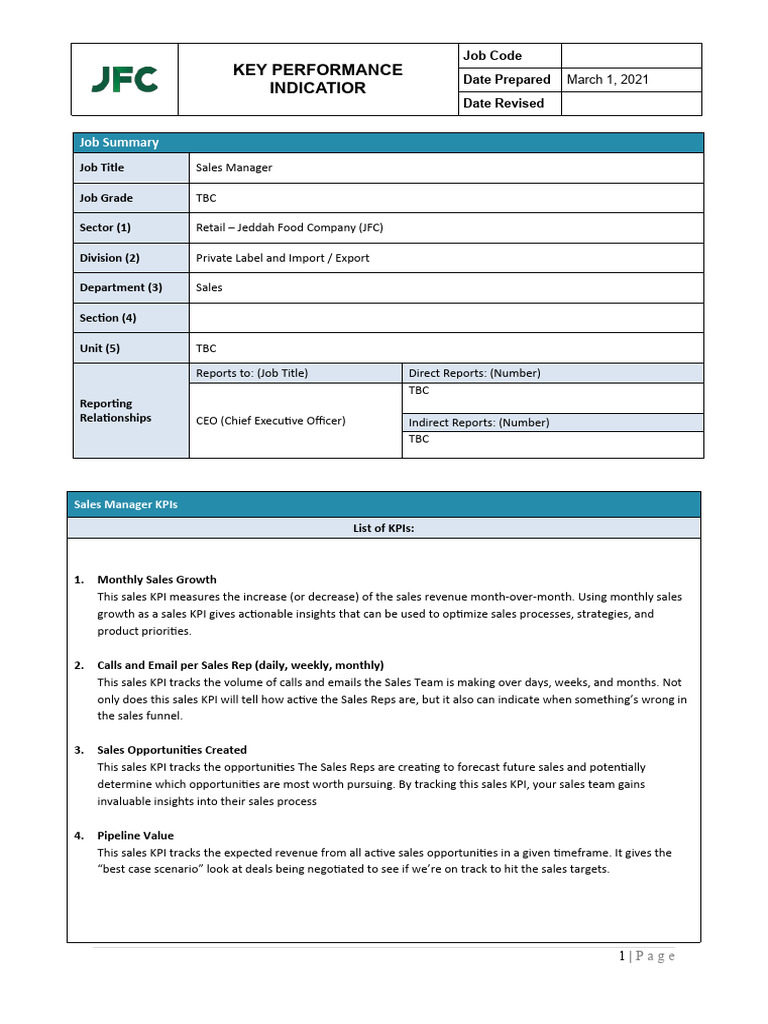 Kpis For Sales Manager Pdf Performance Indicator Sales