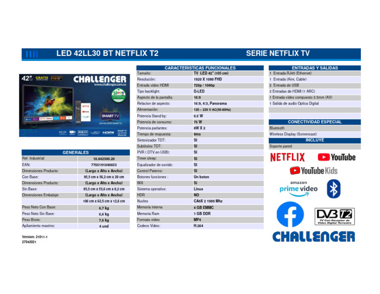 LED 42LL30 BT NETFLIX TV FHD T2 - Ficha - Tecnica, PDF, Hdmi